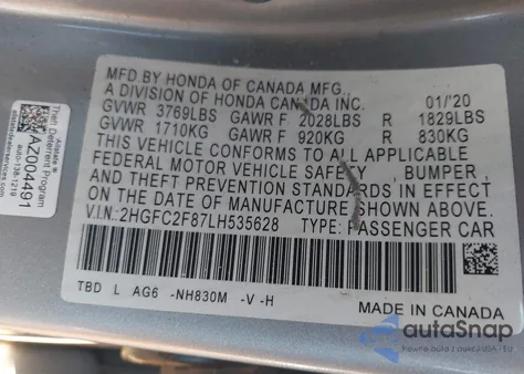 2020 Honda Civic Sport z USA, uszkodzony, nr VIN 2HGFC2F87LH535628